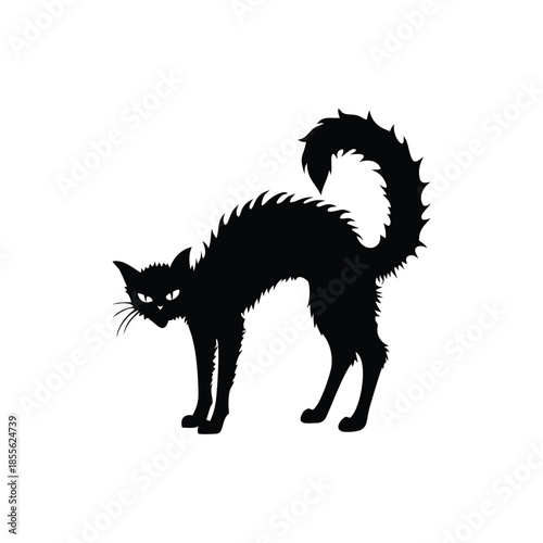 Black cat silhouette illustration, fur standing, Halloween creepy gothic vintage horror style vector