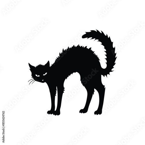 Black cat silhouette illustration, fur standing, Halloween creepy gothic vintage horror style vector