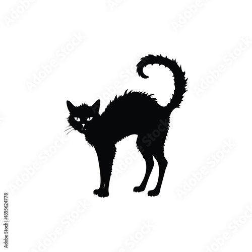 Black cat silhouette illustration, fur standing, Halloween creepy gothic vintage horror style vector