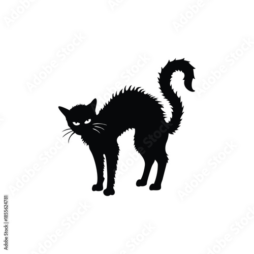 Black cat silhouette illustration, fur standing, Halloween creepy gothic vintage horror style vector