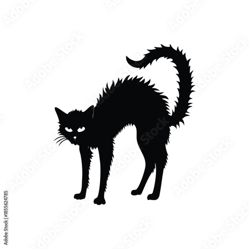 Black cat silhouette illustration, fur standing, Halloween creepy gothic vintage horror style vector