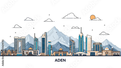 Vibrant modern city skyline vector illustration showcasing tall buildings, urban architecture, and majestic mountains under a clear sky, perfect for travel and destination concepts