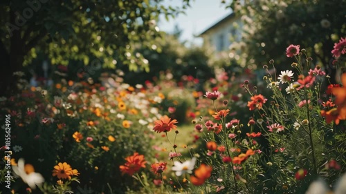 Vibrant Garden Path - A Colorful Floral Escape to a Distant Home.