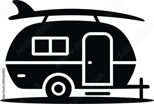 Retro camper van with surfboard on roof travel and adventure concept isolated black and white vector illustration