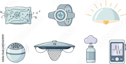 A collection of smart home and health technology devices, including a smart pillow, wearable, lamp, speaker, insect trap, diffuser, and health monitor.
