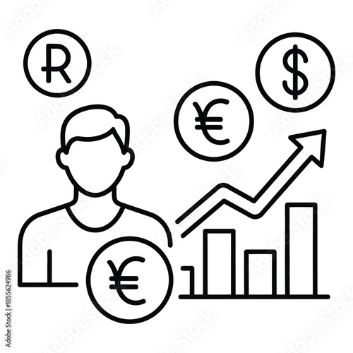 Hand drawn illustration of person investing money into growing real estate property value over time