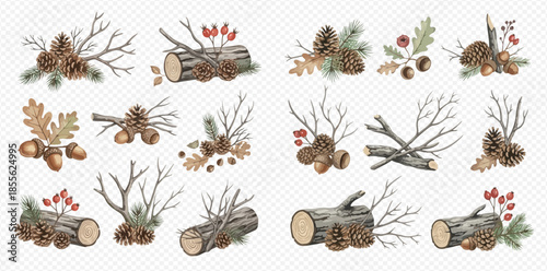 Set of watercolor forest elements including pine cones, acorns, branches, logs, and berries, perfect for autumn and winter designs.