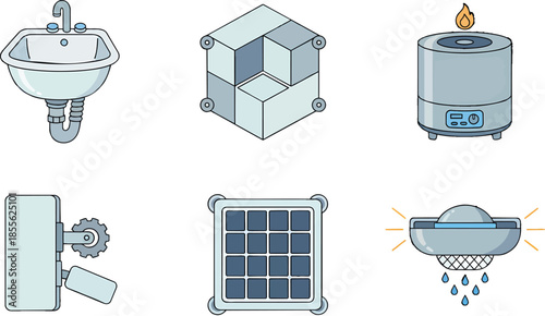 Industrial and Home Utility Icon Set Line Art Illustration