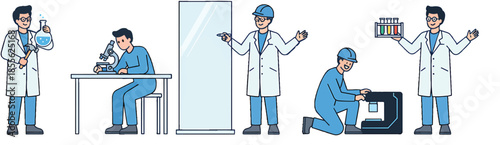 Illustrations of scientists and technicians performing various tasks in a lab or industrial setting, including microscopy, chemical handling, and equipment maintenance.