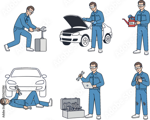 Illustrations depicting a male mechanic performing various car repair and maintenance tasks in a professional setting.