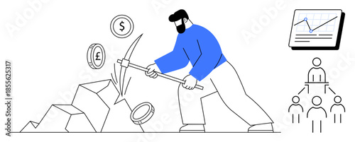 Man using pickaxe on rocks to extract currency coins alongside chart with an upward trend and organizational hierarchy icons. Ideal for finance, economics, data analysis, teamwork, mining, wealth