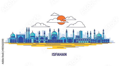 Isfahan city skyline vector illustration, featuring iconic Persian architecture with grand domes and minarets under a stylized sun, perfect for travel and cultural designs