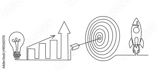 Continuous one line drawing of light bulb with a dart board, increasing up arrows bar graph and Rocket launch, ship. Startup idea and winning education or business success