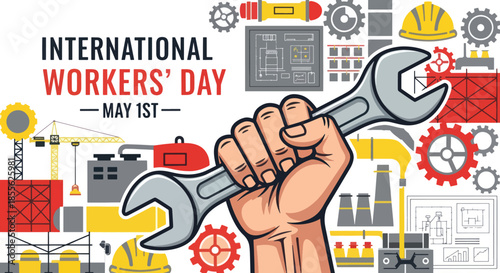 Strong Hand Holding a Wrench Symbolizing Labor and Industry.