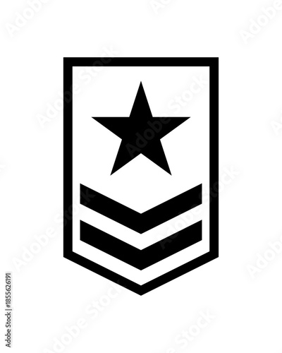 Rank badge icon with star and chevron symbol, representing achievement, level, status, reward and progress concept for user interface, games and performance systems