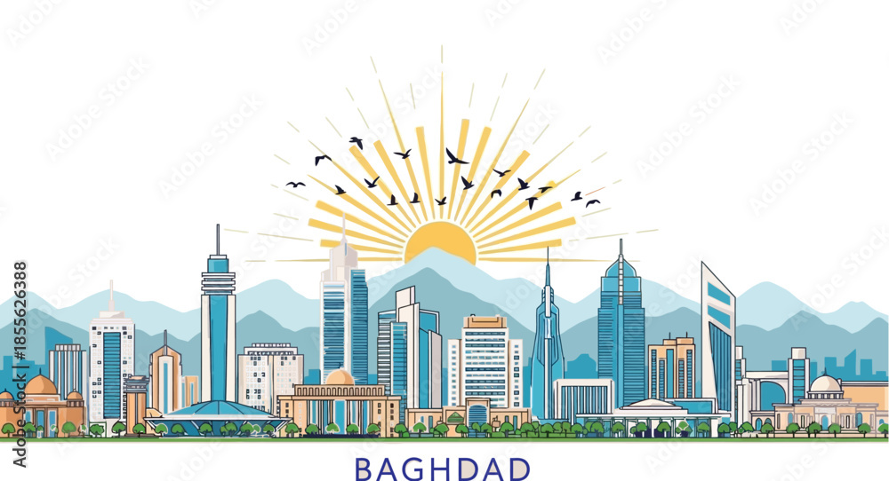 Fototapeta premium Baghdad Skyline A Modern Metropolis Under the Golden Sun, Representing Growth and Progress