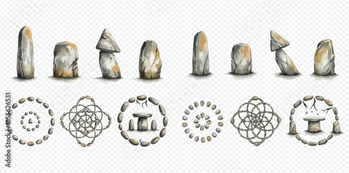 Ancient megalithic stones and mystical symbols set on transparent background.