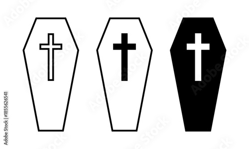 Coffin icon set with cross symbol, representing funeral, memorial, burial and remembrance concept for religious, spiritual and end-of-life design use, isolated on white background