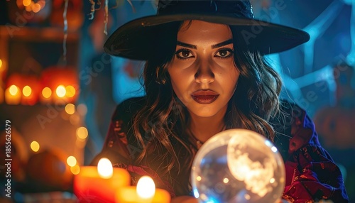 Mysterious fortune teller in a wide-brimmed hat gazes intently over a glowing crystal ball surrounded by flickering candles.