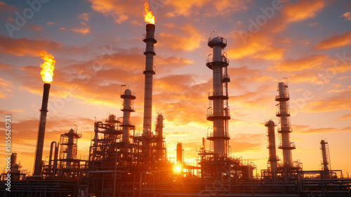 Industrial refinery sunset emission flame pollution silhouette energy dramatic sky