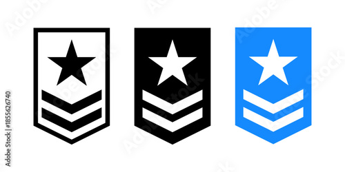 Rank badge icons with star and chevron symbols, representing achievement, level, status, reward and progress concept for user interface, games and performance systems