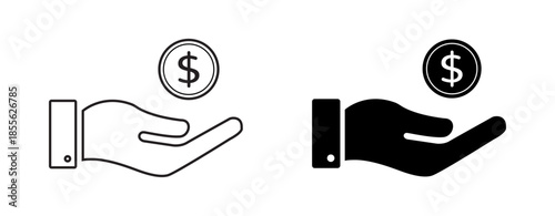 Donation and charity icon with hand holding money symbol, flat black vector illustration representing giving, support, fundraising, nonprofit help, financial aid and social responsibility concept