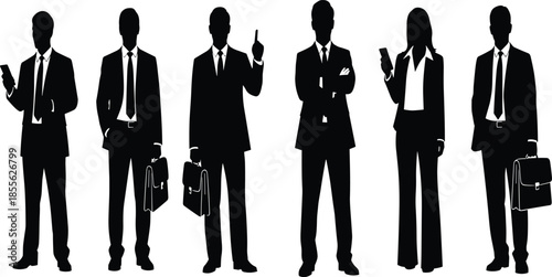 Professional business people silhouettes in formal suits holding briefcases and phones isolated on white background for corporate team building concepts