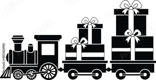 Vector black silhouette of a toy steam locomotive train carrying large wrapped gift boxes with ribbons isolated on white background
