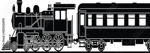Vector black silhouette of a vintage steam locomotive train engine with passenger carriage isolated on white background for transport design