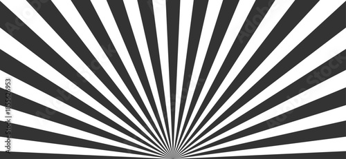 Black and white sunburst background with strong radial rays, flat vector illustration creating high contrast abstract burst effect for poster, banner, presentation, editorial and graphic design use