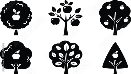 Vector set of black apple tree silhouettes and fruit orchard icons in various styles isolated on white background for design
