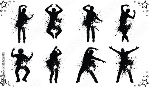 Vector set of black dancing silhouettes with artistic paint splatter effects featuring energetic male dancers in expressive poses on white background