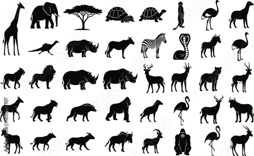 Vector set of black silhouettes featuring diverse African safari animals and savanna wildlife isolated on white background for nature design