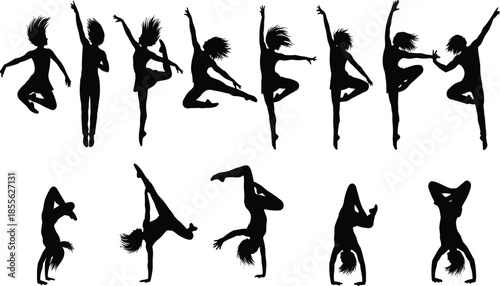 Vector set of black silhouettes featuring female dancers in various expressive acrobatic and jumping poses isolated on a white background