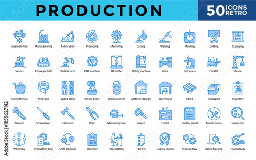 Production icons set with assembly line, manufacturing, fabrication, processing, quality control, process flow, productivity icon. Simple retro vector 
