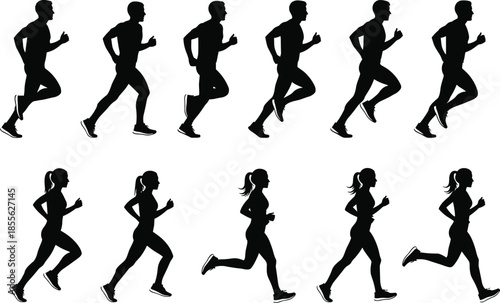 Vector set of black silhouettes featuring men and women running and jogging in various active athletic poses on white background