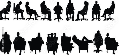 Vector set of black silhouettes featuring people sitting in office chairs and armchairs in various relaxed poses on white background