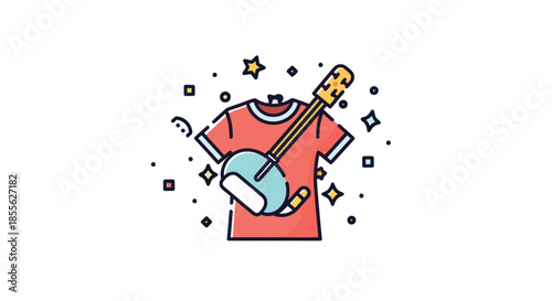 Vibrant T-shirt with Banjo and Sparkling Elements Illustration.