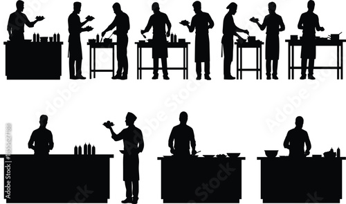 Vector set of black silhouettes featuring professional chefs and cooks preparing food at kitchen counters isolated on white background background