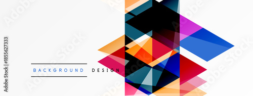 Abstract geometric shapes overlap, creating vibrant colorful design. White space dominates background, text labels present bottom left.