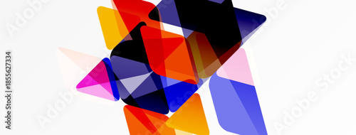 Abstract geometric shapes overlap, creating vibrant color blends. Composition features translucent layers, dynamic angles, modern design.