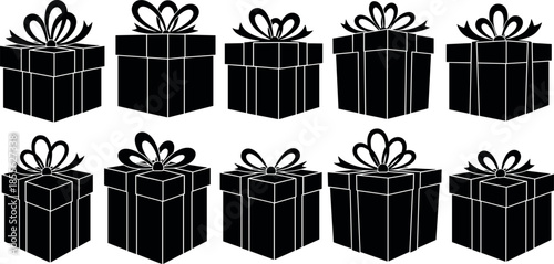 Collection of Ten Elegant Black and White Gift Box Icons with Decorative Bows for Holiday Celebrations Birthday and Surprise Events