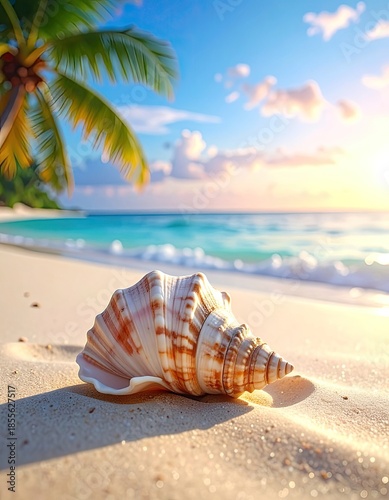 A beautiful seashell rests on golden sand near the turquoise ocean under a bright tropical sky.