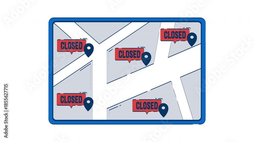 Closed locations on digital map 2D object doodle animation. Business shutdown. Store closures. Commercial economic crisis animated flat element isolated on white background. Cartoon 4K video drawing
