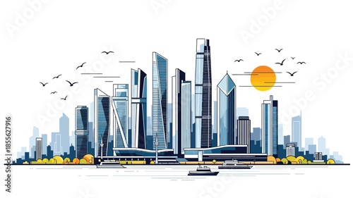 Vibrant cityscape illustration showcasing modern skyscrapers against a sunset sky with a calm waterfront