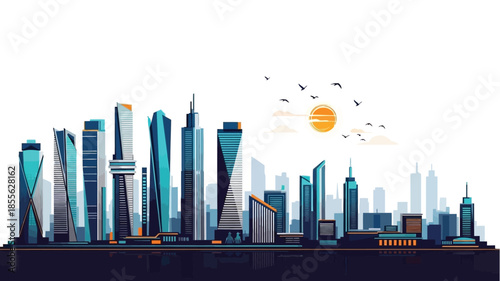 Modern urban skyline illustration featuring towering futuristic buildings in a bustling metropolis, bathed in the warm glow of a setting sun with birds soaring gracefully above the cityscape