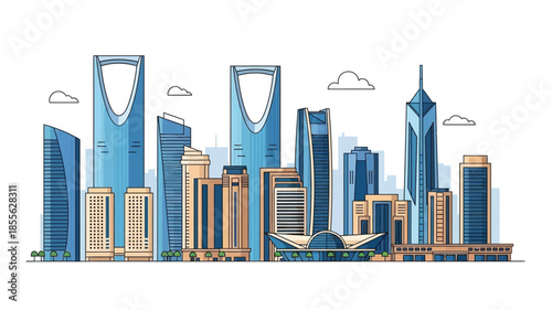 Cityscape illustration featuring modern skyscrapers and architectural structures