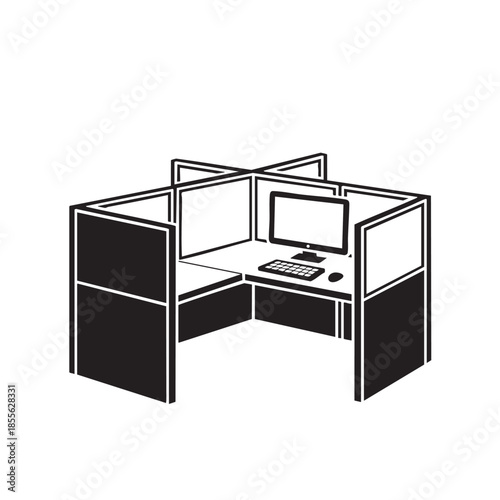 Modern office cubicle workspace with computer and desk setup