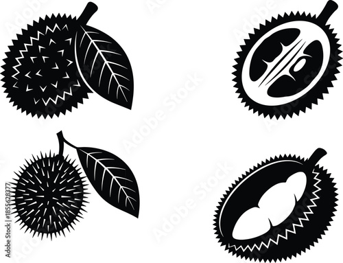 Black silhouette icons of durian fruit and leaves on a white background tropical exotic