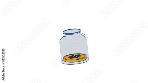 Shaking jar with coin rattling 2D object doodle animation. Financial hardship. Money problem. Low income. Broke situation animated flat element isolated on white background. Cartoon 4K video drawing